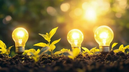 Poster - Illuminating Ideas: A symbolic representation of green energy, featuring glowing light bulbs amidst fresh, vibrant plant growth, showcasing the power of ideas and sustainability.