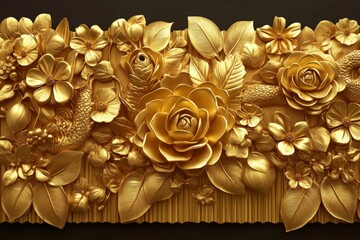 Poster - Detailed golden floral wall art featuring intricate roses and leaves in a modern interior setting