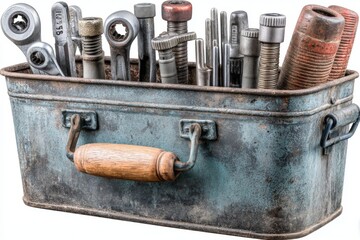 Poster - Rustic metal toolbox filled with various hand tools, showcasing a blend of vintage and modern design