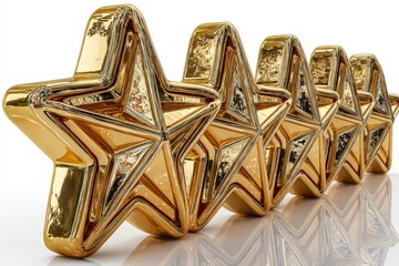 Poster - Bright golden stars arranged in a line reflecting light on a smooth surface