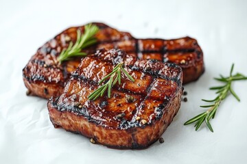 Aufkleber - Grilled pork chops garnished with fresh rosemary on a white background