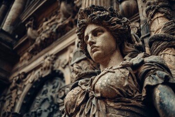 Poster - Sculpture of a woman with intricate details at a historic building in late afternoon light