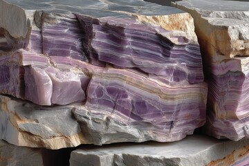 Poster - Beautiful layered purple and gray stone formation displaying natural patterns and colors in a close-up view
