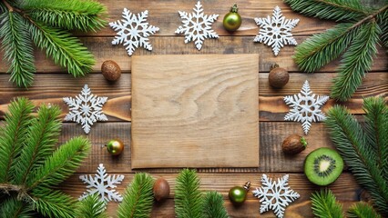 Poster - Rustic Winter Holiday Background with Blank Wooden Sign, Evergreen Branches, and Festive Ornaments
