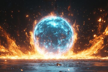 Poster - Fiery cosmic orb ignites amidst dazzling bursts of color in an ethereal landscape