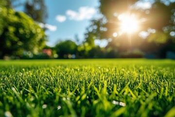 Poster - Bright sun shining over lush green grass in a tranquil garden during a beautiful day