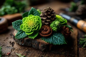 Aufkleber - Natural arrangement of green plants and pinecones on a rustic wooden surface in a creative setting