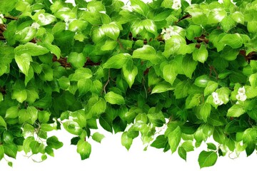 Poster - Vibrant green leaves with delicate white flowers in a natural setting during bright daylight