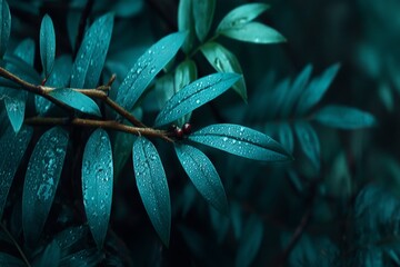 Poster - Lush green leaves with dew drops in a tranquil forest during early morning hours