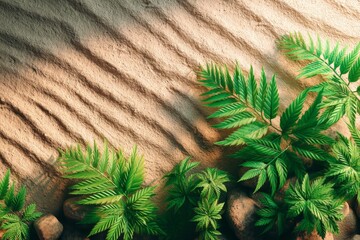 Poster - Green tropical leaves against textured sandy background with soft light highlighting the natural beauty of the scene