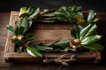 Aufkleber - Decorative wreath made from fresh magnolia leaves on a rustic wooden surface