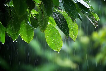 Poster - Fresh rain drops glisten on vibrant green leaves in a lush forest during a gentle afternoon rain