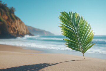 Aufkleber - Palm leaf stands tall on sandy beach with waves crashing in background during sunny day