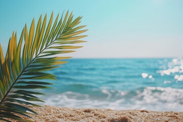Aufkleber - Palm leaf in the foreground with a serene ocean view on a sunny day at the beach