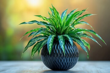 Poster - Green plant in a textured black pot on a wooden surface with a soft bokeh background