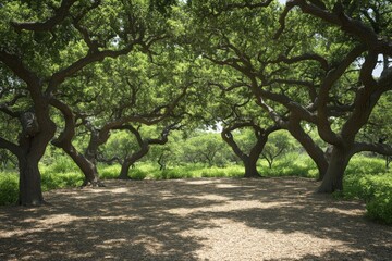 Fototapete - Lush green grove with sprawling trees creating a shaded area in a sunny landscape during midday