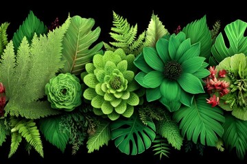 Poster - Vibrant display of green plants showcasing various leaves and flowers against a dark background in a lush, natural composition