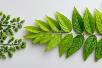 Poster - Arrangement of fresh green leaves and buds illustrating diverse plant textures in natural light