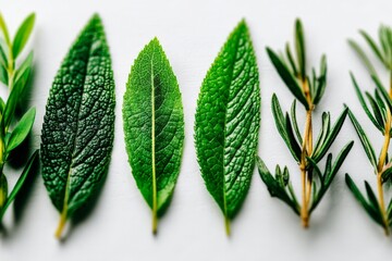 Poster - Variety of fresh green leaves arranged on a flat surface showcasing different textures and colors