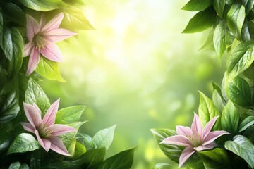 Fototapete - Floral border with pink flowers and green leaves in soft natural light during daylight hours