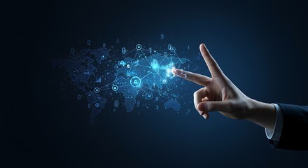 Innovative digital world map interface with hand interaction for technology concept