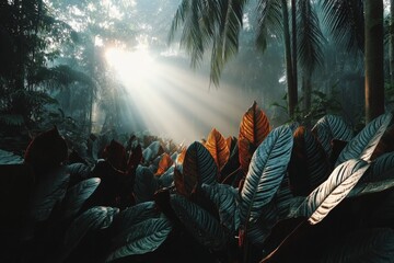 Fototapete - Light beams filter through dense foliage in a lush tropical forest during early morning hours