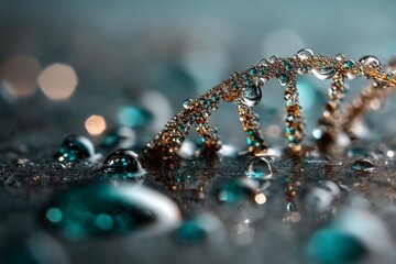 Poster - Close-up of a decorative DNA strand with water droplets on a reflective surface during a soft light setting