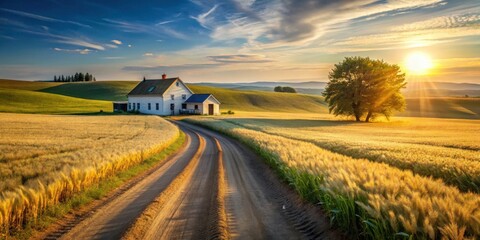 Aufkleber - Serene sunset over a farmhouse nestled in rolling golden fields, a dirt road winding towards it
