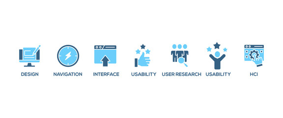 Fototapete - UX design web banner icon set vector illustration concept consists of accessibility, usability, design, user research, hci, structuring, navigation, interface icon live stroke and easy to edit