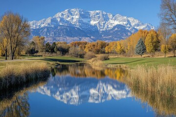 Poster - serene autumn landscape with mountain reflections in a calm lake during daytime