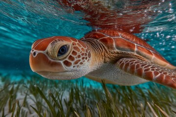Poster - Colorful sea turtle swims gracefully in clear turquoise water amidst vibrant seagrass in a tropical underwater environment