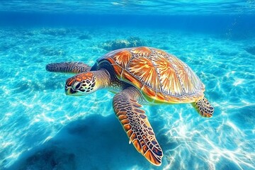 Poster - Majestic sea turtle swimming gracefully in clear blue waters of a tropical reef during midday sunlight