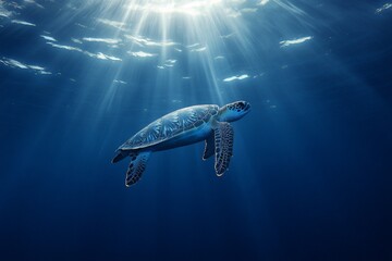 Aufkleber - Majestic sea turtle gracefully gliding through crystal clear ocean waters under radiant sunlight rays