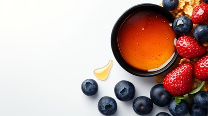 Poster - Close-up view of a bowl filled with cornflakes topped with vibrant strawberries and blueberries, drizzled with honey, set against a clean white surface with copy space