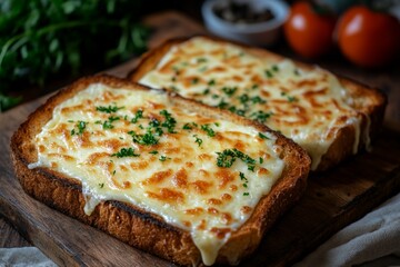 Poster - Savory melted cheese on freshly toasted bread topped with herbs captured in a rustic kitchen setting