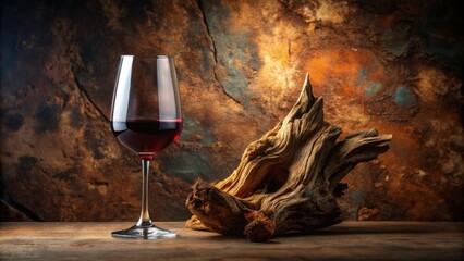 Poster - A glass of red wine rests beside a weathered piece of driftwood against a rustic background