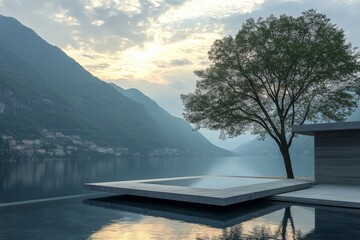 Poster - Scenic view of a tranquil lake with mountains and a solitary tree at dawn