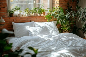 Aufkleber - Cozy bedroom with a large bed surrounded by lush greenery and natural light in a warm, inviting space