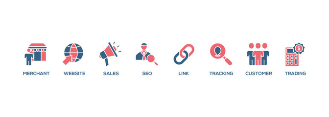 Poster - Affiliate marketing web banner icon set symbol vector illustration concept consists of trading, seo, tracking, customer, link, sales, website, merchant icon live stroke