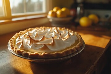 Poster - Close-up of a delectable lemon meringue pie featuring fluffy meringue and fresh lemons, ideal for a comforting morning meal or a delightful dessert