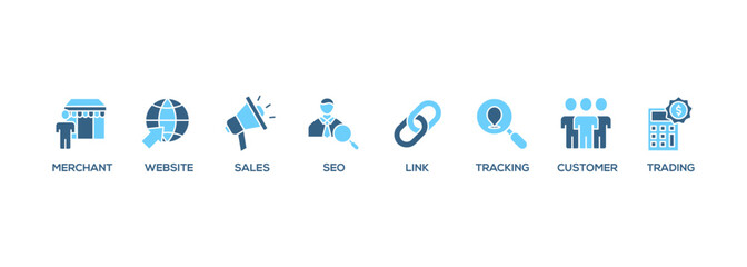 Poster - Affiliate marketing web banner icon set symbol vector illustration concept consists of trading, seo, tracking, customer, link, sales, website, merchant icon live stroke