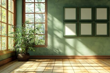 Aufkleber - Bright and airy interior space with large windows and plant creating a serene atmosphere for relaxation or creativity