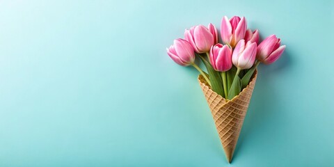 Poster - Sweet springtime bouquet of pink tulips in a waffle cone against a light blue background