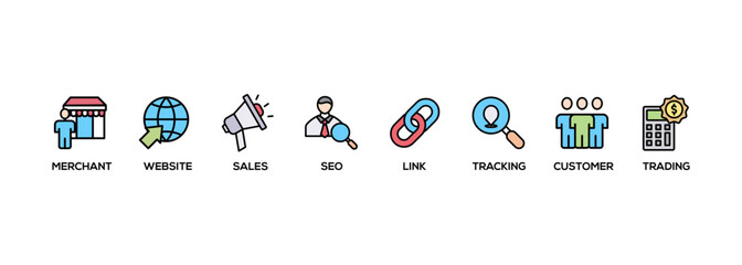 Poster - Affiliate marketing web banner icon set symbol vector illustration concept consists of trading, seo, tracking, customer, link, sales, website, merchant icon live stroke