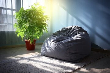 Aufkleber - Cozy indoor space featuring a bean bag chair and a potted plant by a window in soft natural light