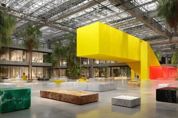 Poster - Modern art installation in a spacious gallery featuring colorful geometric structures and lush greenery