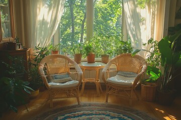 Poster - Cozy indoor plant room with natural light and comfortable seating in a serene setting during daytime