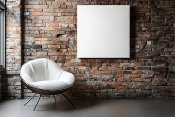 Aufkleber - Modern chair in minimalist room with brick wall and blank canvas reflects contemporary interior design