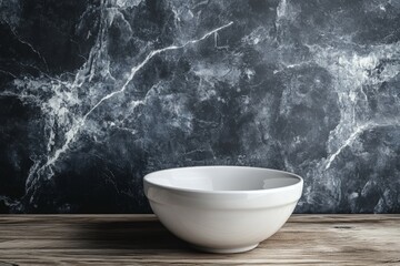 Poster - Minimalistic white bowl on a wooden surface against a marbled gray wall showcasing simple design and texture