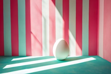 Poster - Bright pastel colors create a playful atmosphere with a single white egg in a striped room